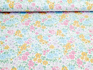 Baumwolljersey Pastell Blumenwiese Cremeweiss